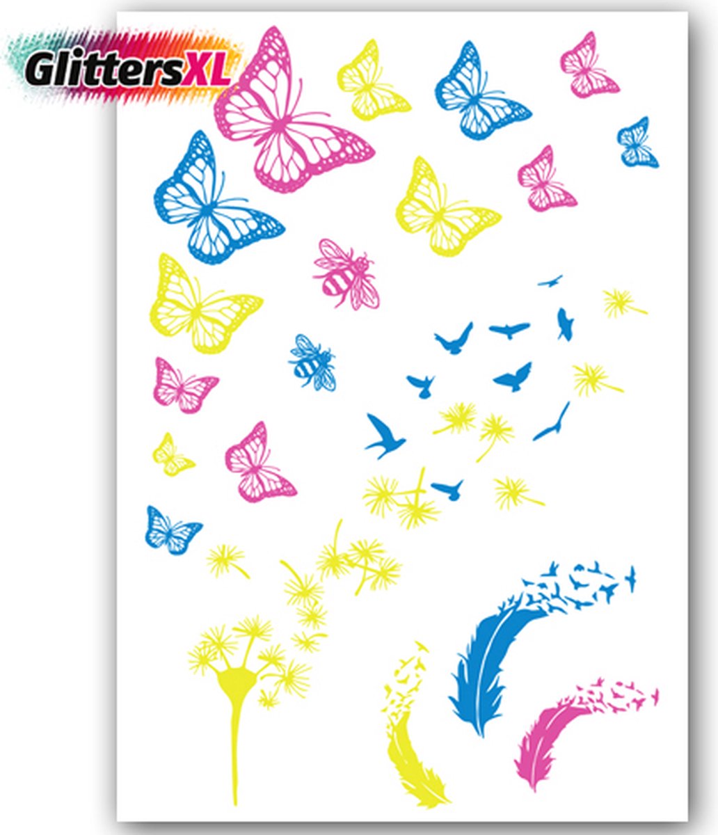 GlittersXL - Temporary Tattoo Neon/Glow In The Dark (A5 formaat) [Neptattoo - Tijdelijke tatoeage - Nep Fake Tattoos - Water overdraagbare festival sticker henna outfit tattoo - Glitter tattoo - Volwassenen Kinderen Jongen Meisje]